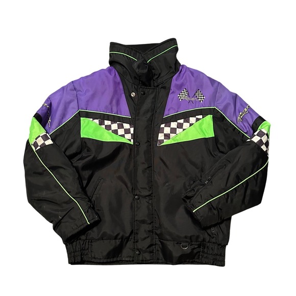 edco Other - Vintage Edco Racer Jacket Black Purple Neon Green Checkered Racing Windbreaker
